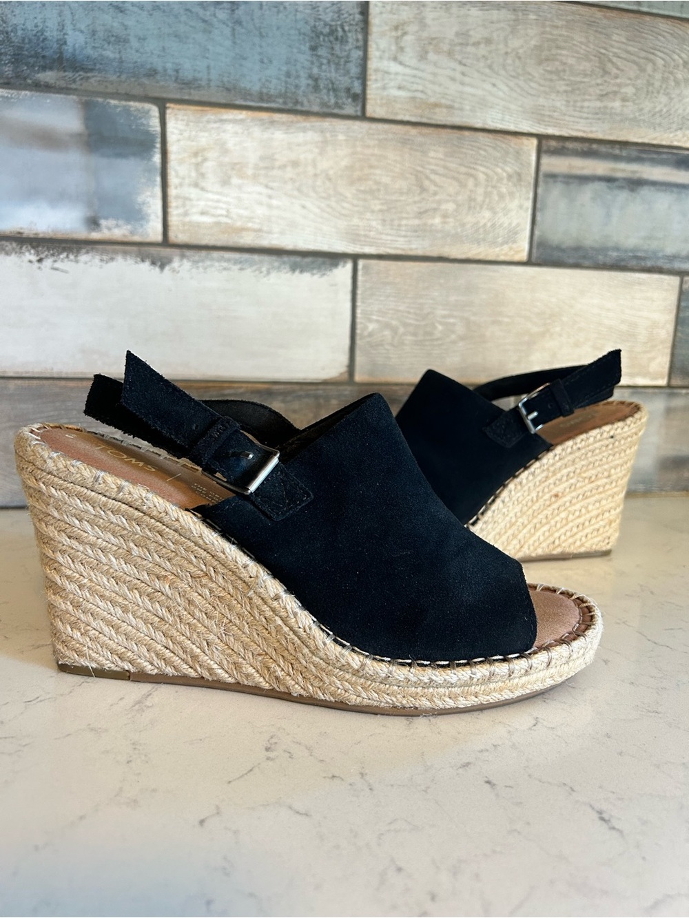 TOMS Monica Black Suede
Leather Wedge Espadrille Sandals